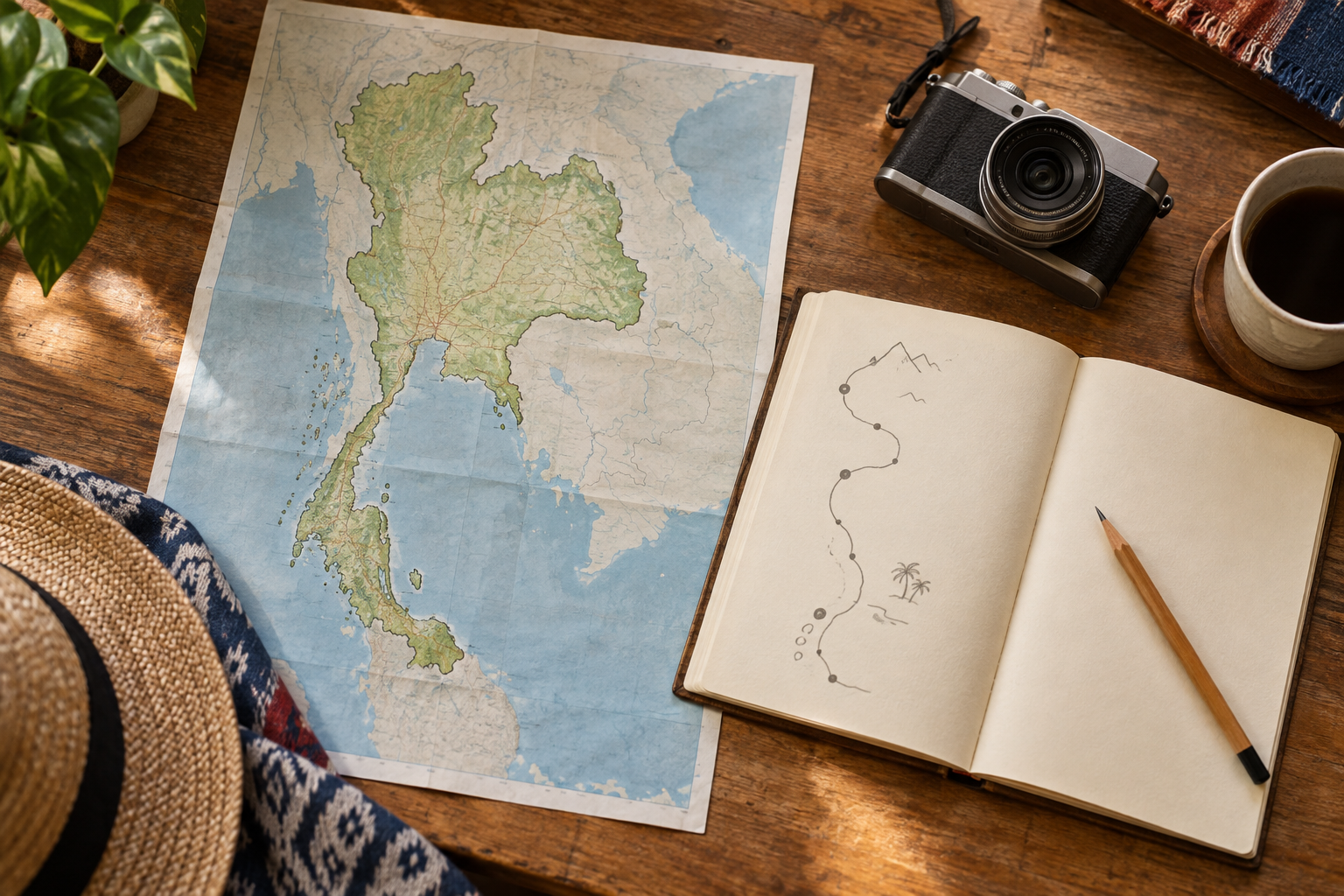 A map of Thailand and a travel planning notebook
