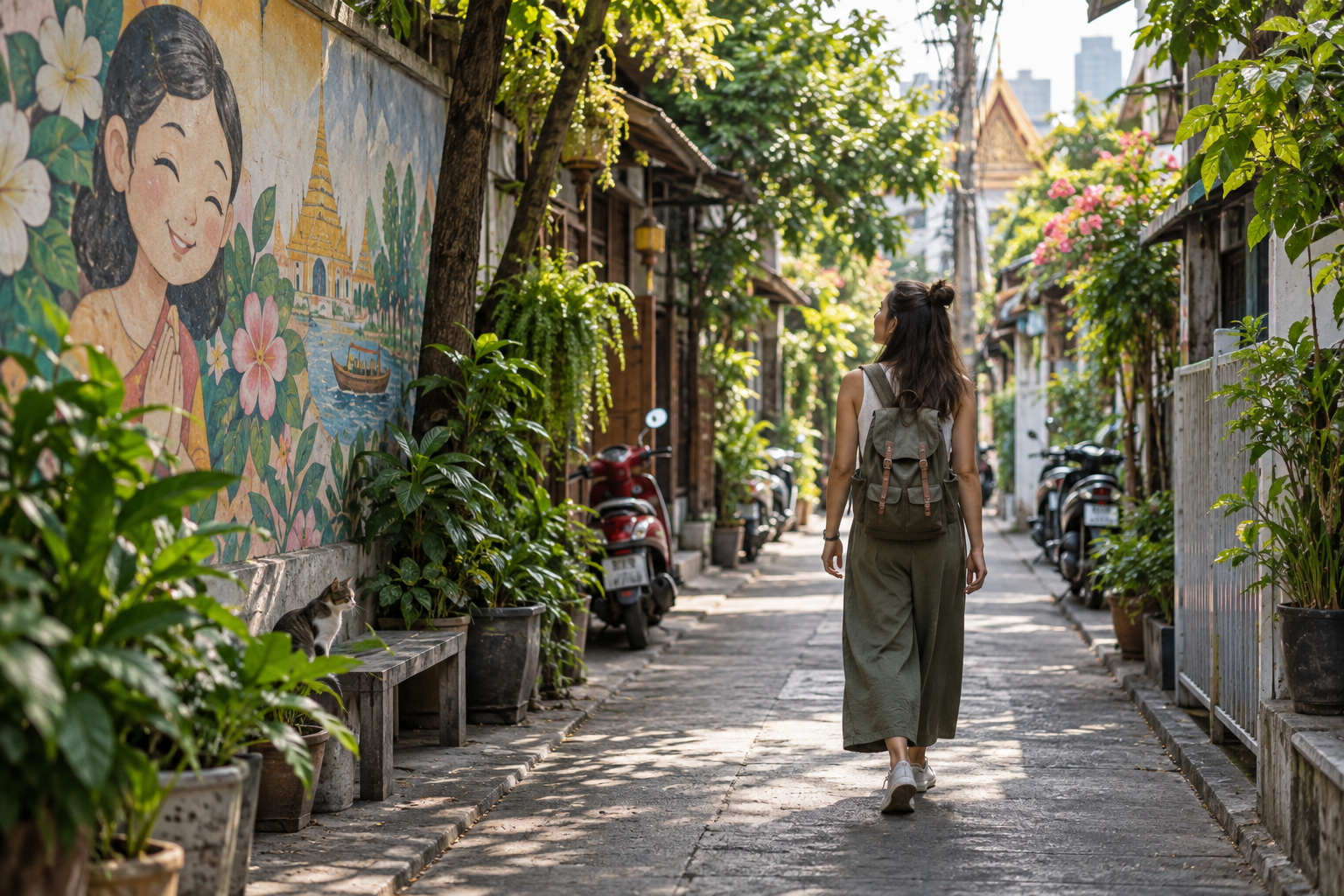 A traveller walking through a leafy Bangkok neighbourhood
