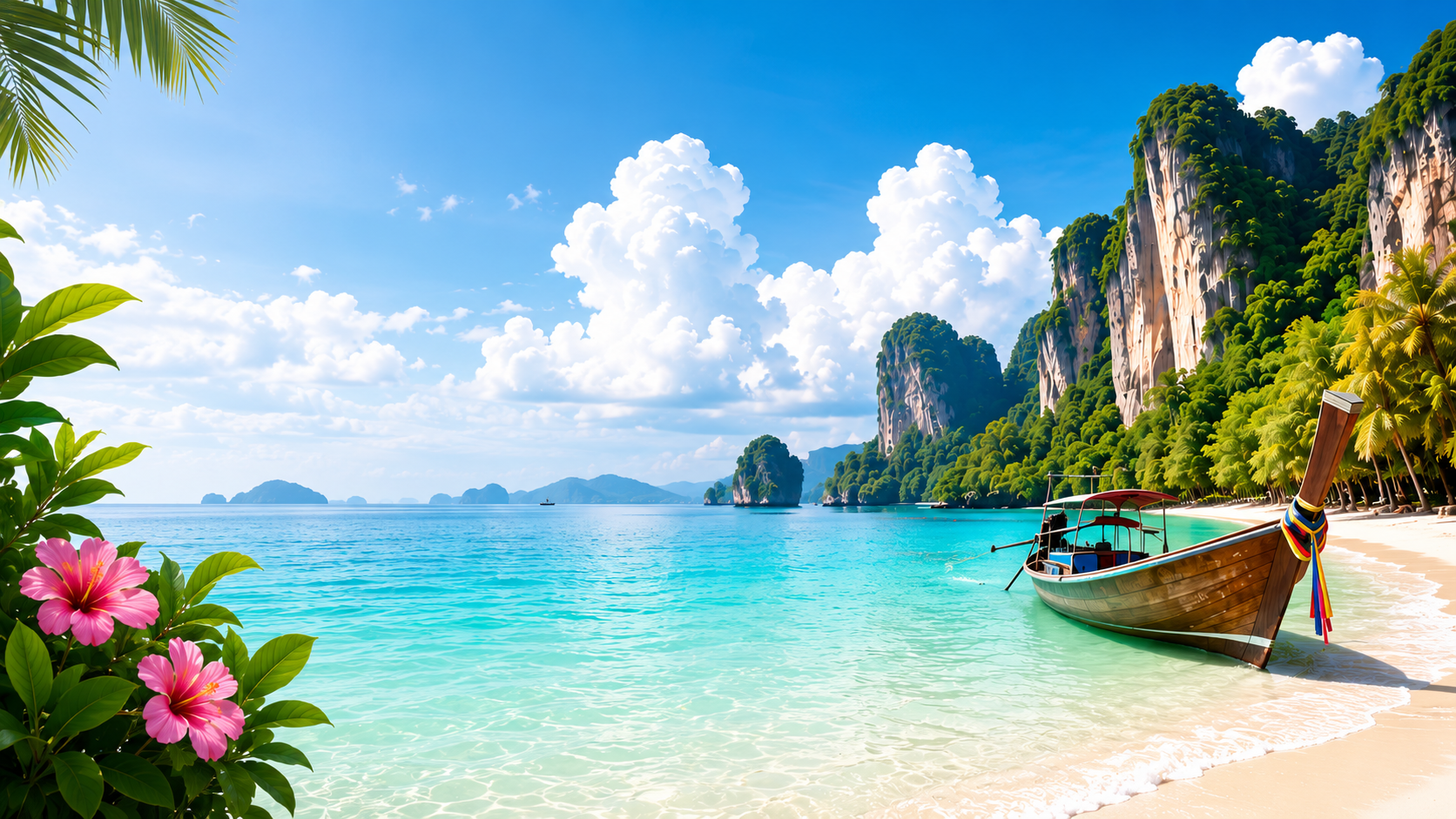 A long-tail boat beside a tropical Thai island