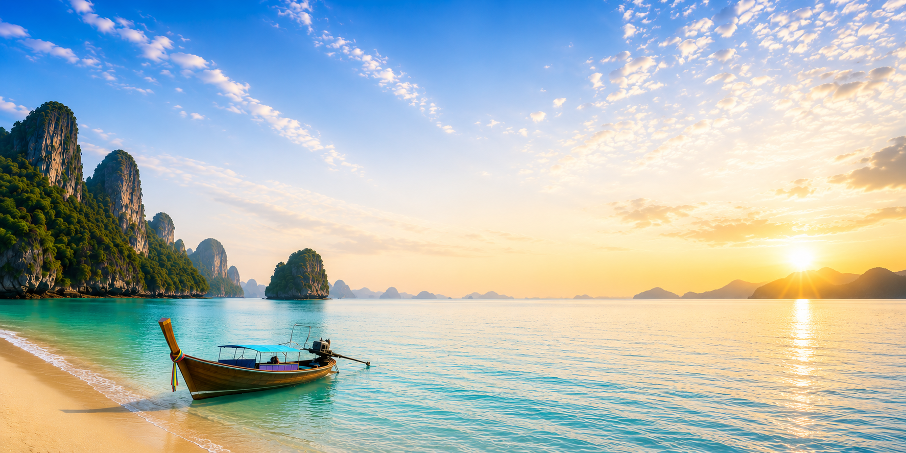 A long-tail boat at sunset