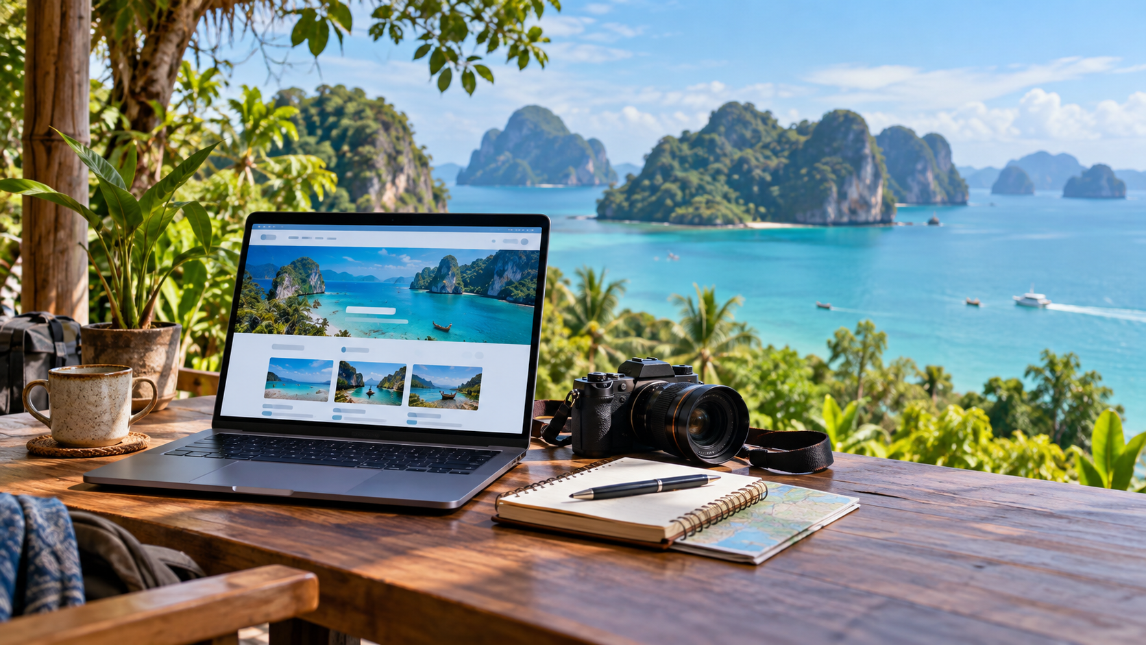 A collaborative travel research workspace overlooking islands in Thailand